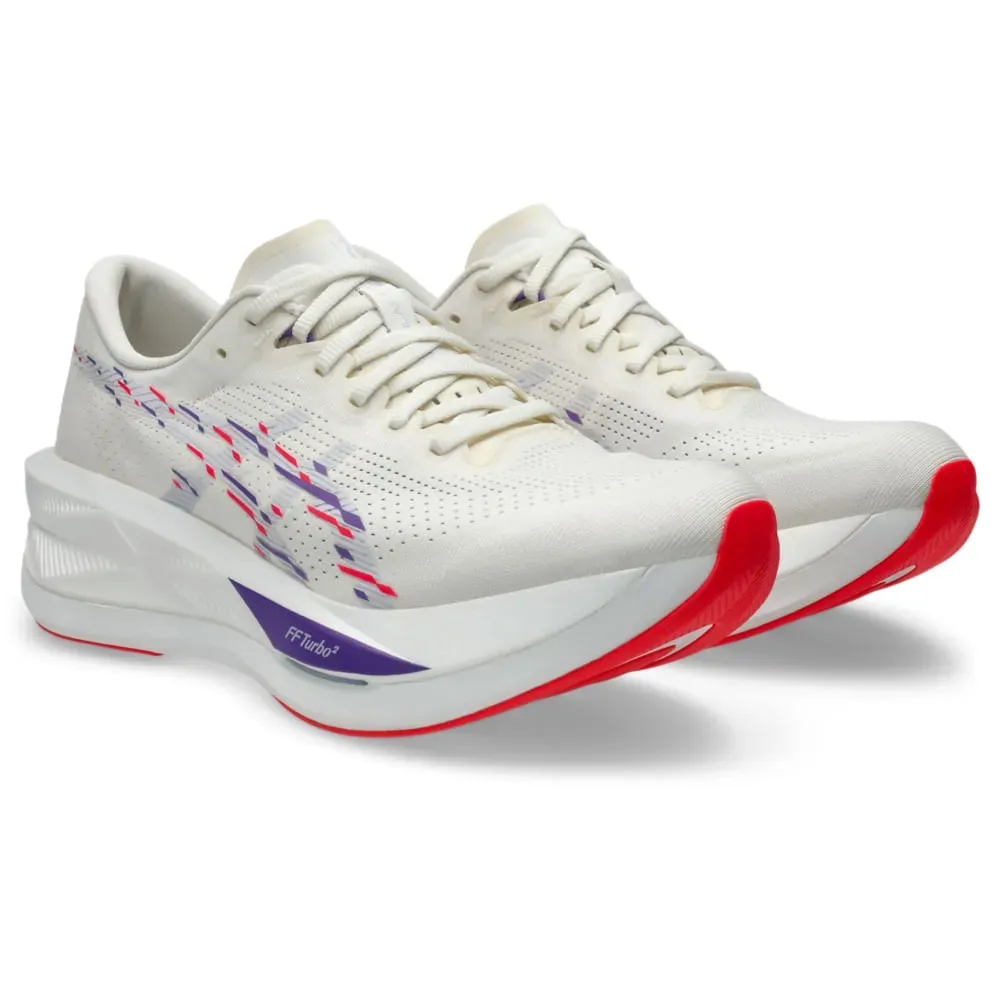 Tênis de corrida feminino Asics Sonicblast branco vista lateral para seção de ajuste